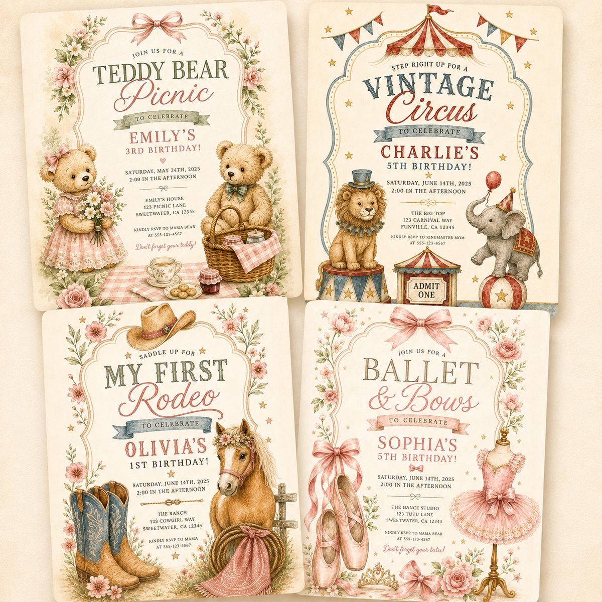 Teddy Bear Picnic editable birthday invitation watercolor design