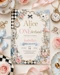 Alice in ONEderland first birthday invitation in a whimsical vintage storybook tea party style