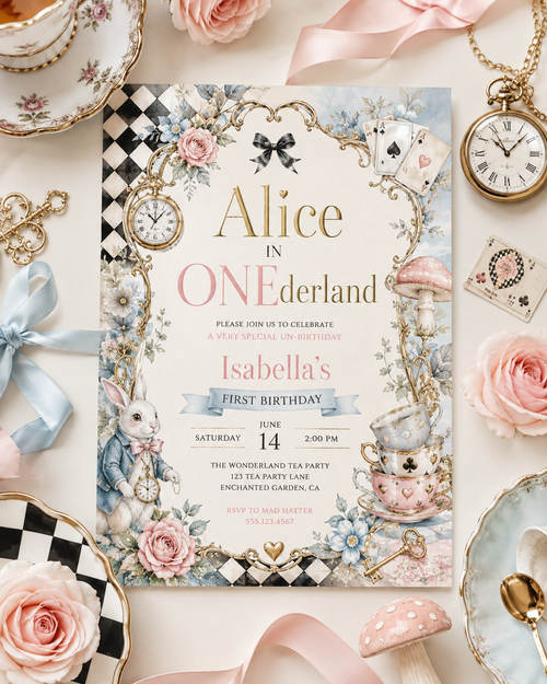 Alice in ONEderland first birthday invitation in a whimsical vintage storybook tea party style