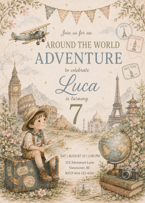 Around the World Adventure watercolor birthday invitation