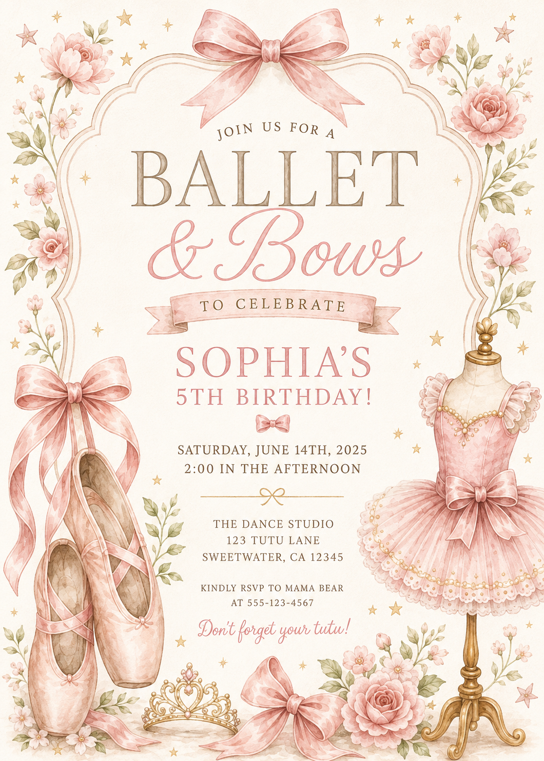 Ballet and Bows editable birthday invitation watercolor design