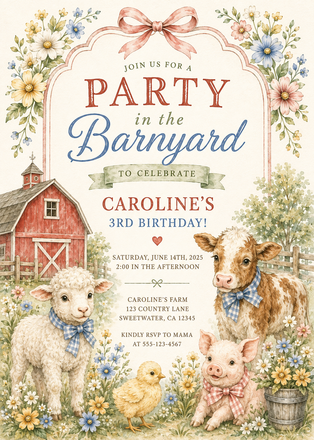 Barnyard editable birthday invitation watercolor farm design