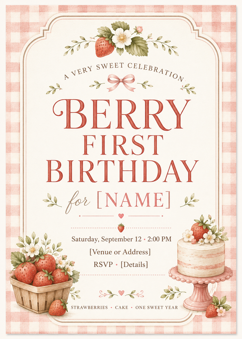 Berry First Birthday editable Canva invitation with watercolor strawberries, gingham, florals and birthday cake