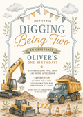 Construction Digging Being Two editable birthday invitation watercolor design
