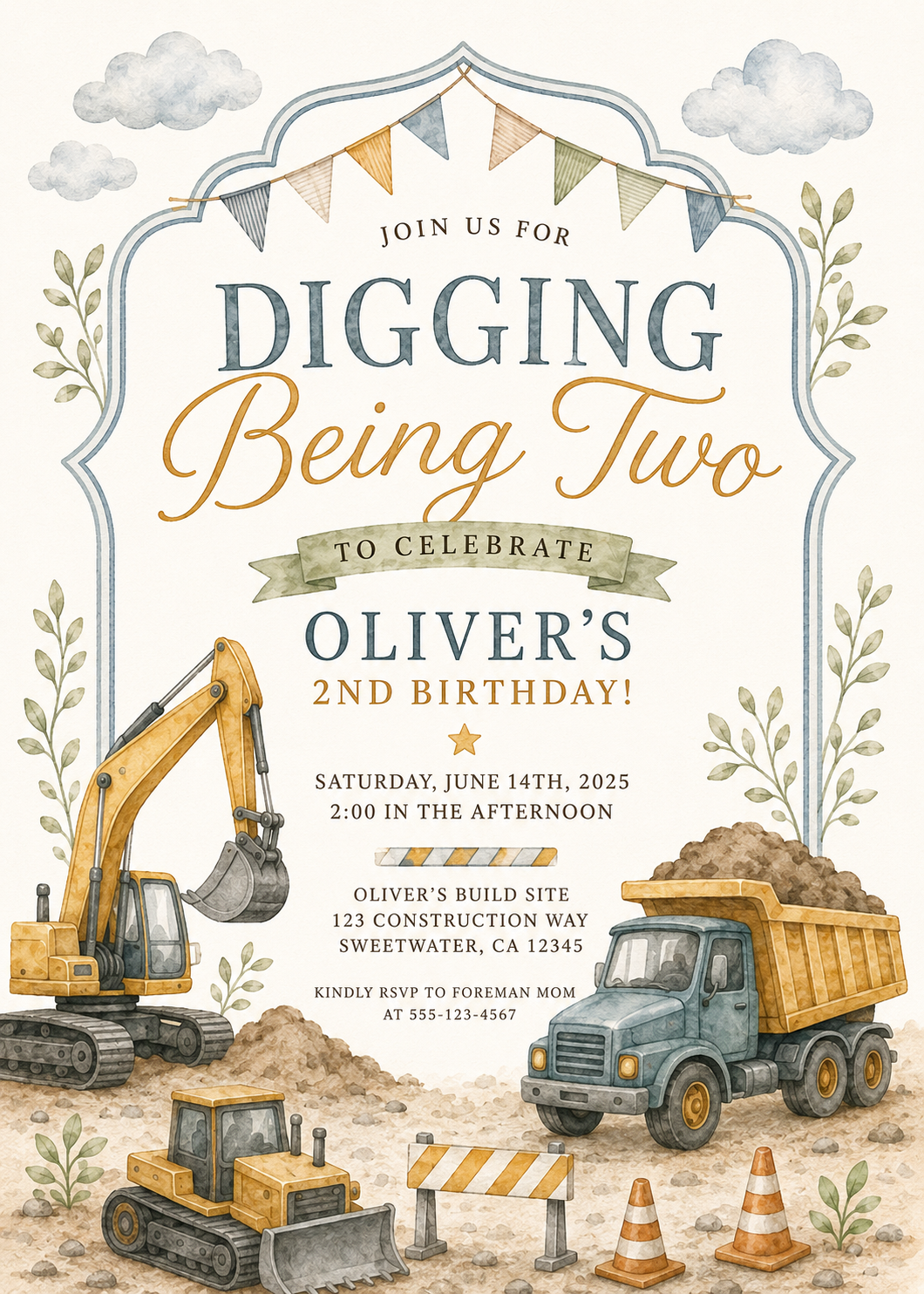 Construction Digging Being Two editable birthday invitation watercolor design