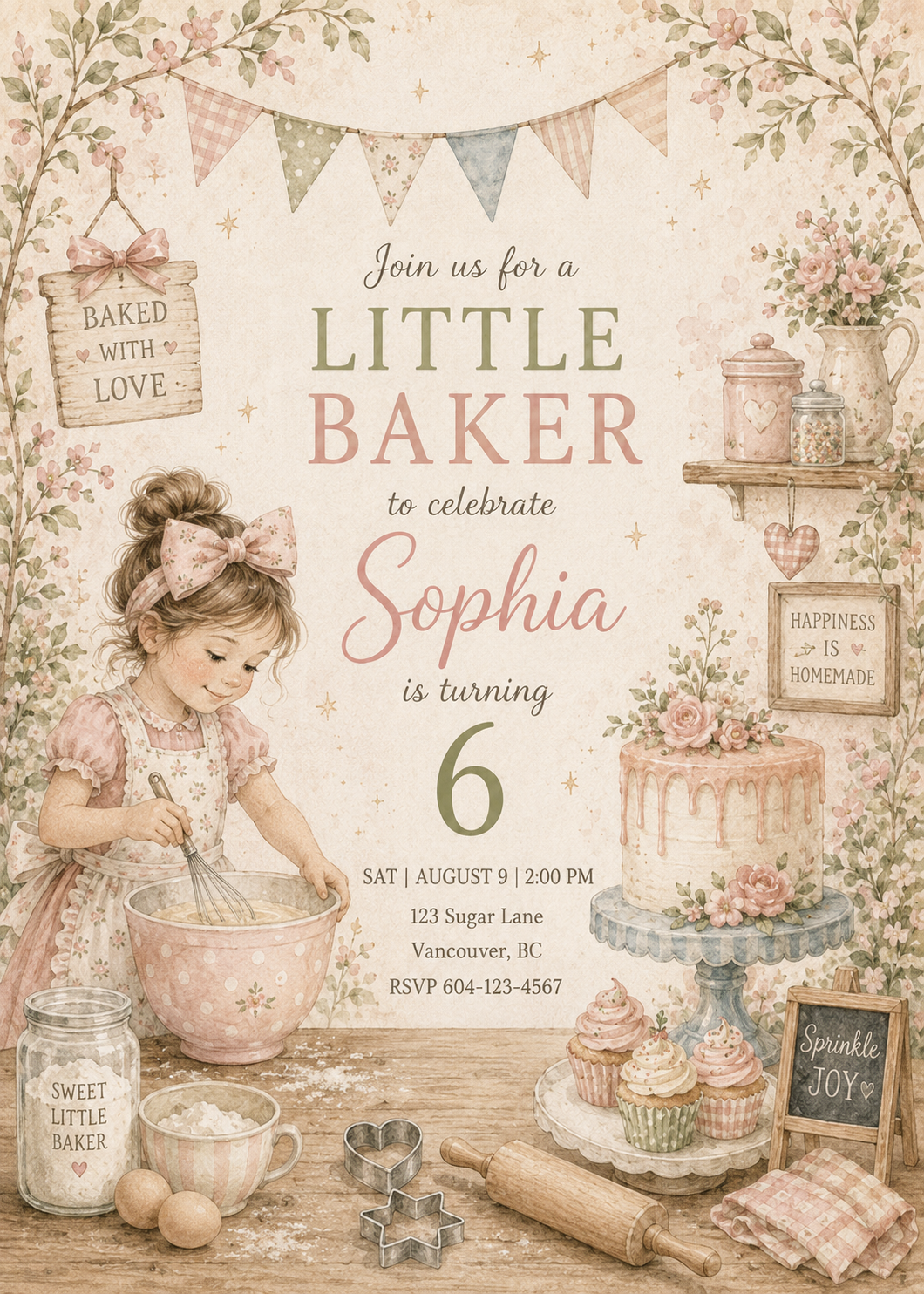Little Baker watercolor birthday invitation