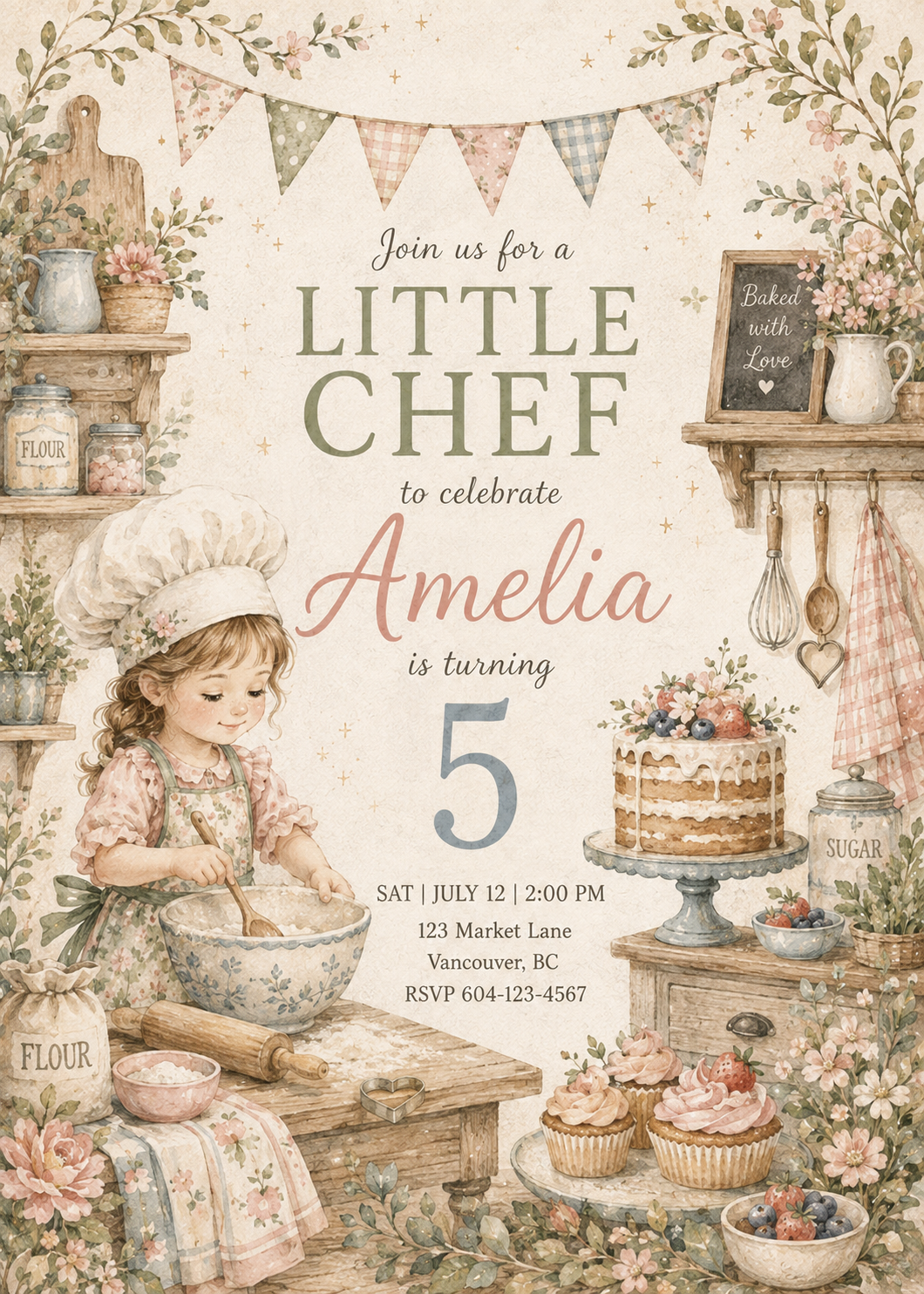 Little Chef watercolor birthday invitation