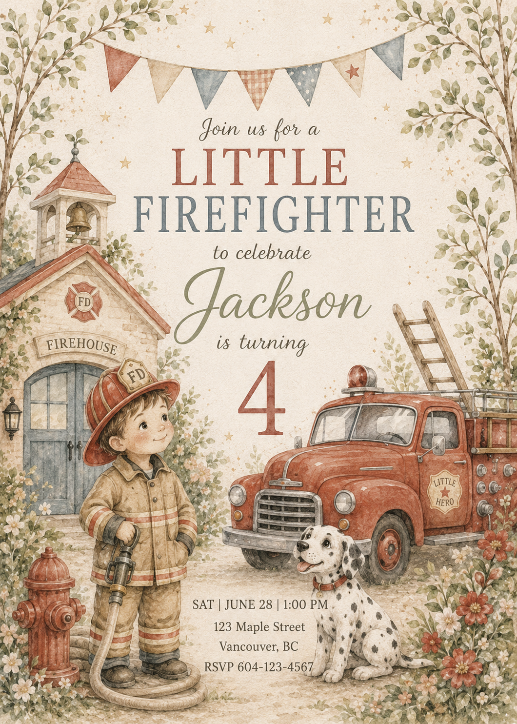 Little Firefighter watercolor birthday invitation
