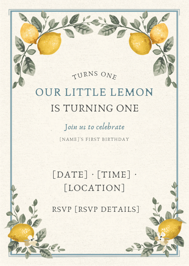 Little Lemon Turns One editable birthday invitation