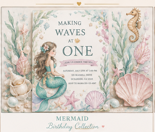 Mermaid birthday invitation in sea-glass aqua, shell pink, pearls and watercolor under-the-sea styling