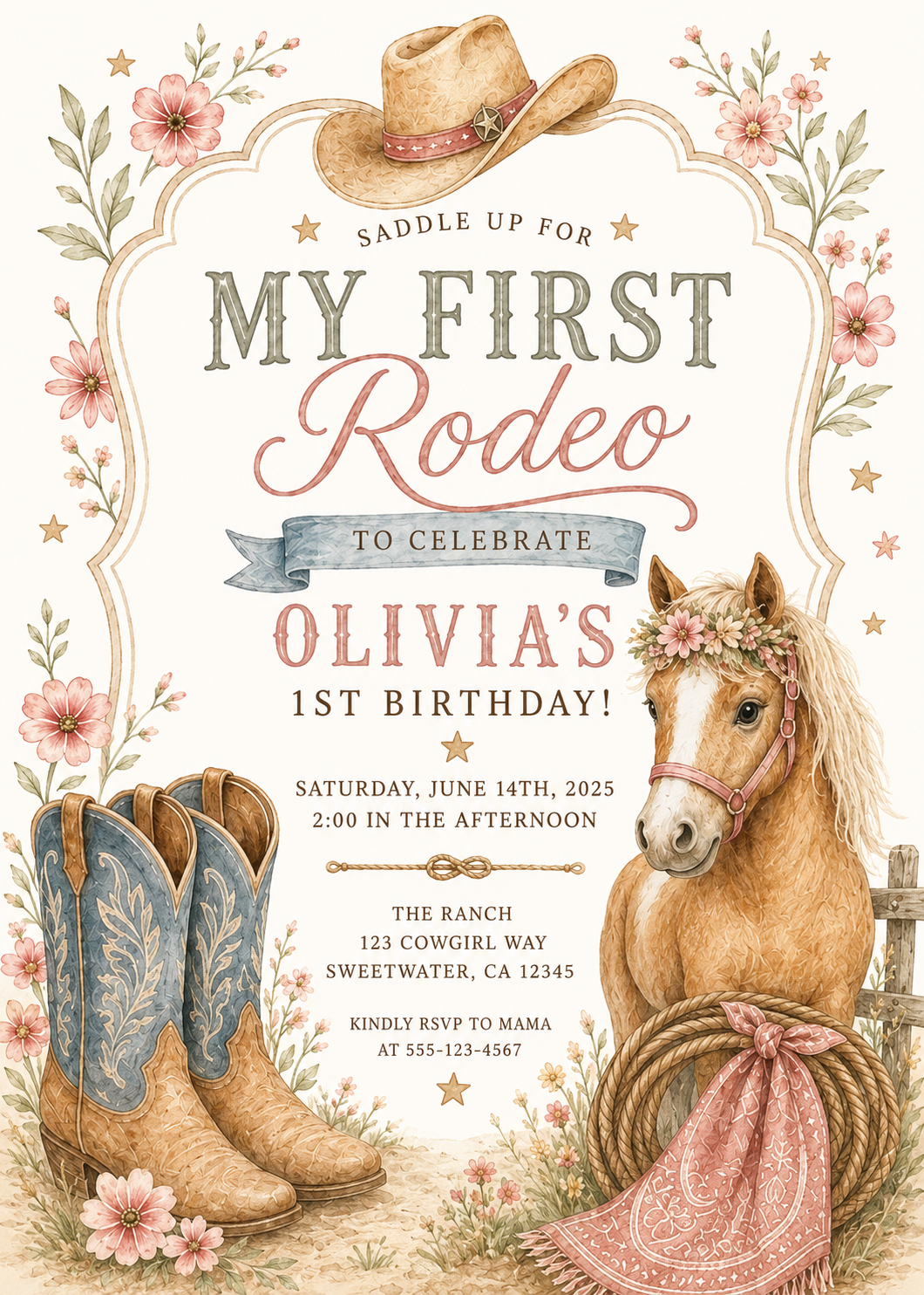 My First Rodeo editable birthday invitation watercolor design
