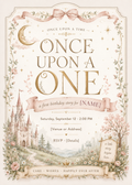 Once Upon a One first birthday editable Canva invitation with watercolor castle, moon, stars, florals and storybook details
