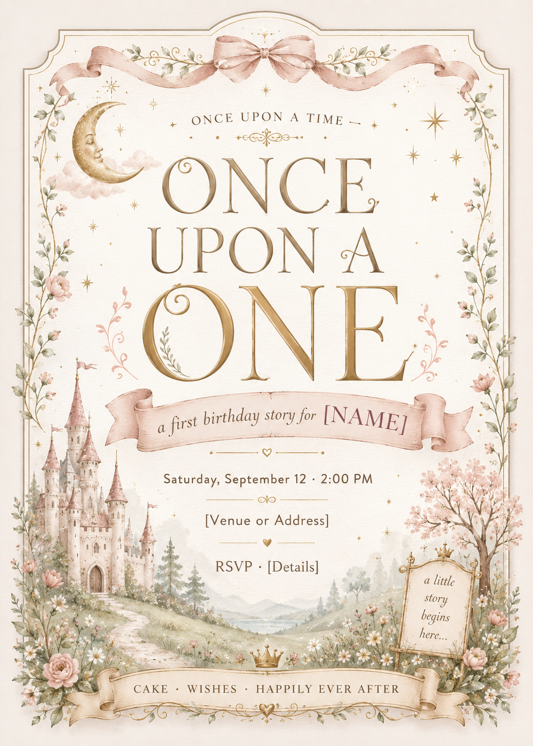 Once Upon a One first birthday editable Canva invitation with watercolor castle, moon, stars, florals and storybook details