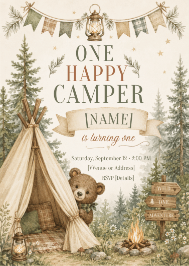 One Happy Camper editable birthday invitation