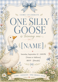One Silly Goose first birthday editable Canva invitation with watercolor goose, blue gingham bow and wildflowers
