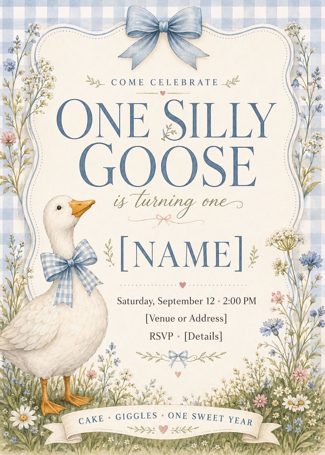 One Silly Goose first birthday editable Canva invitation with watercolor goose, blue gingham bow and wildflowers