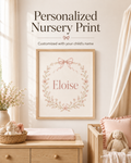Personalized baby name nursery print sample featuring the name Eloise in soft blush floral nursery decor