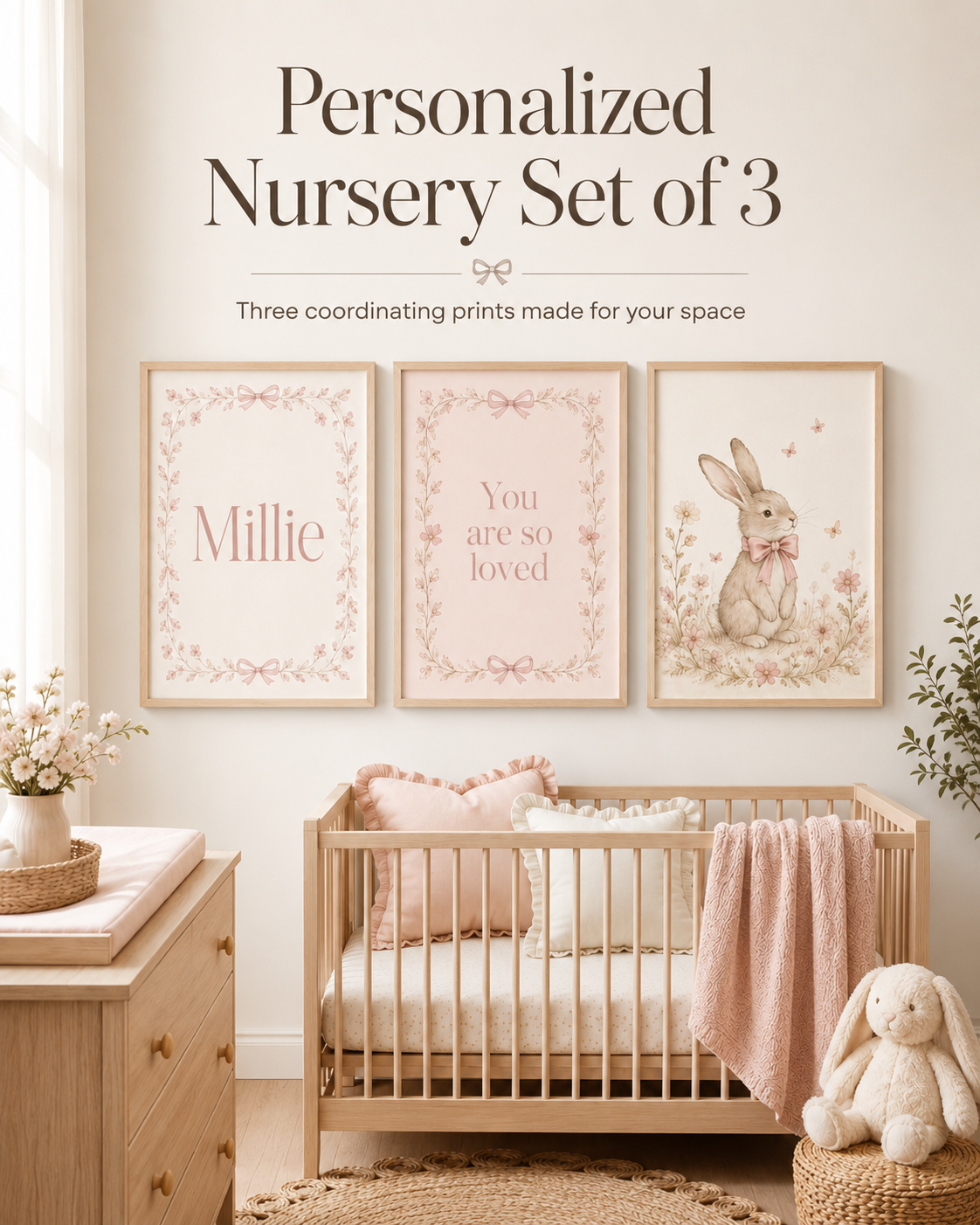 Personalized nursery print set of three sample featuring Millie, You are so loved, and a floral bunny illustration