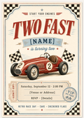 Two Fast second birthday editable Canva invitation with vintage red race car, checkered flags and retro ticket details
