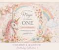 Unicorn and rainbow birthday invitation in soft blush, lavender, powder blue and watercolor florals