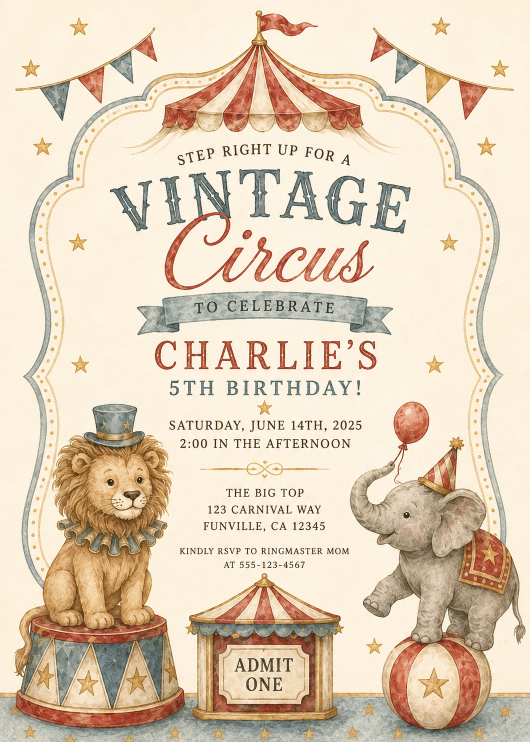 Vintage Circus editable birthday invitation watercolor design