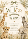 Wild One Safari editable birthday invitation watercolor design