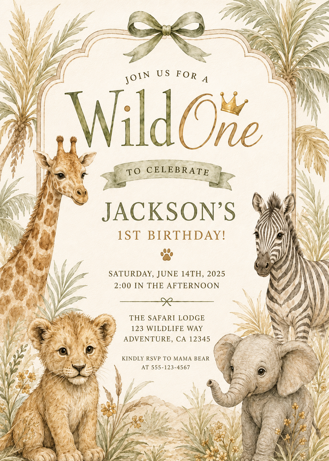 Wild One Safari editable birthday invitation watercolor design